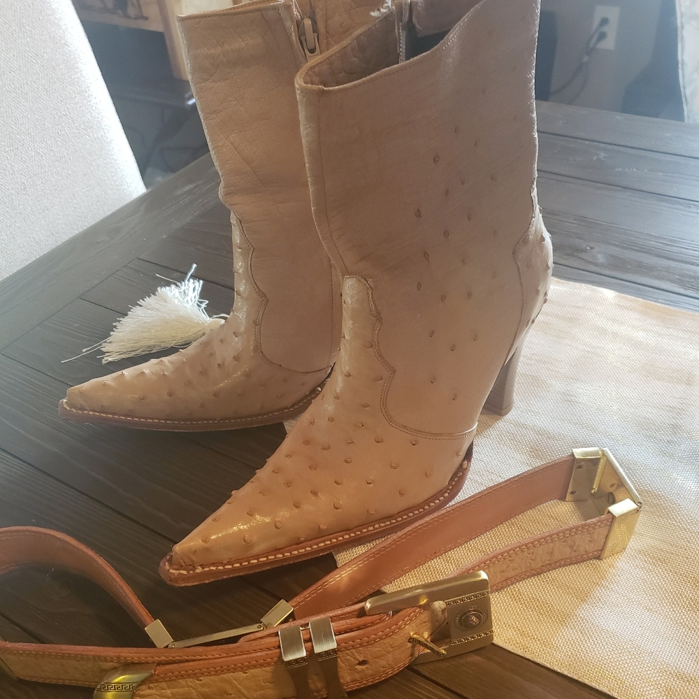 Full quill ostrich boots size 7 and belt.